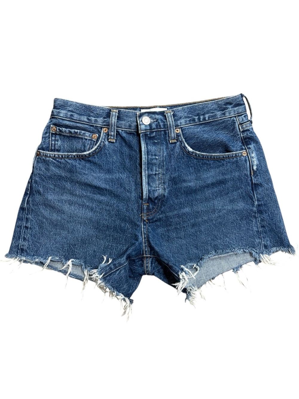 AGOLDE Parker Long Denim Shorts Blue Caution Wash Button Fly Distressed Size 26
